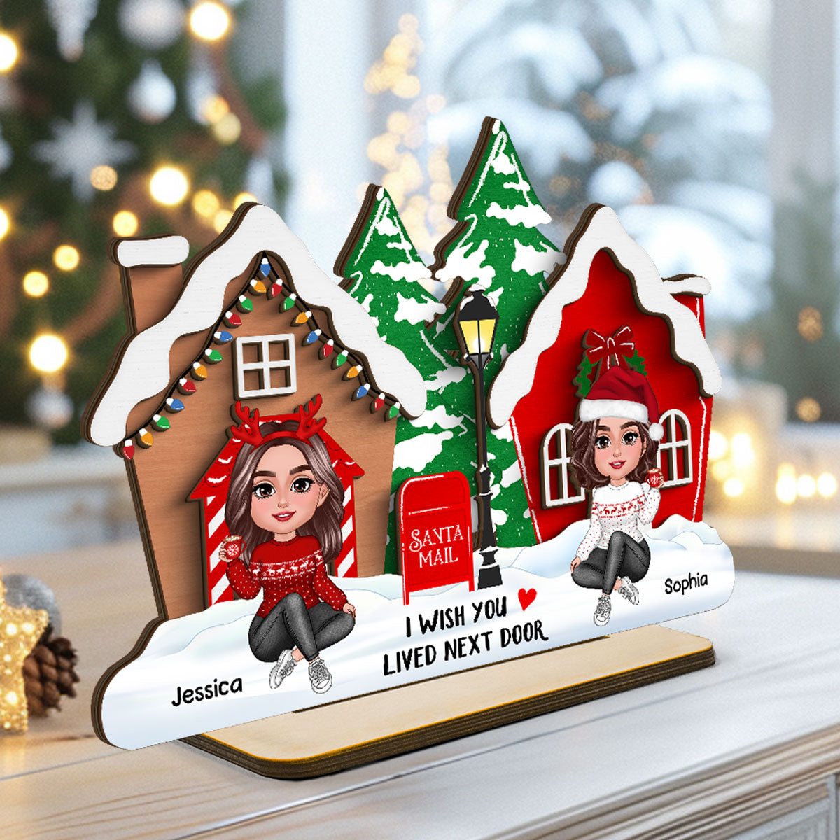 Wish You Lived Next Door Personalized 2-Layer Wooden Standing Plaque, Christmas Tiered Tray Decor