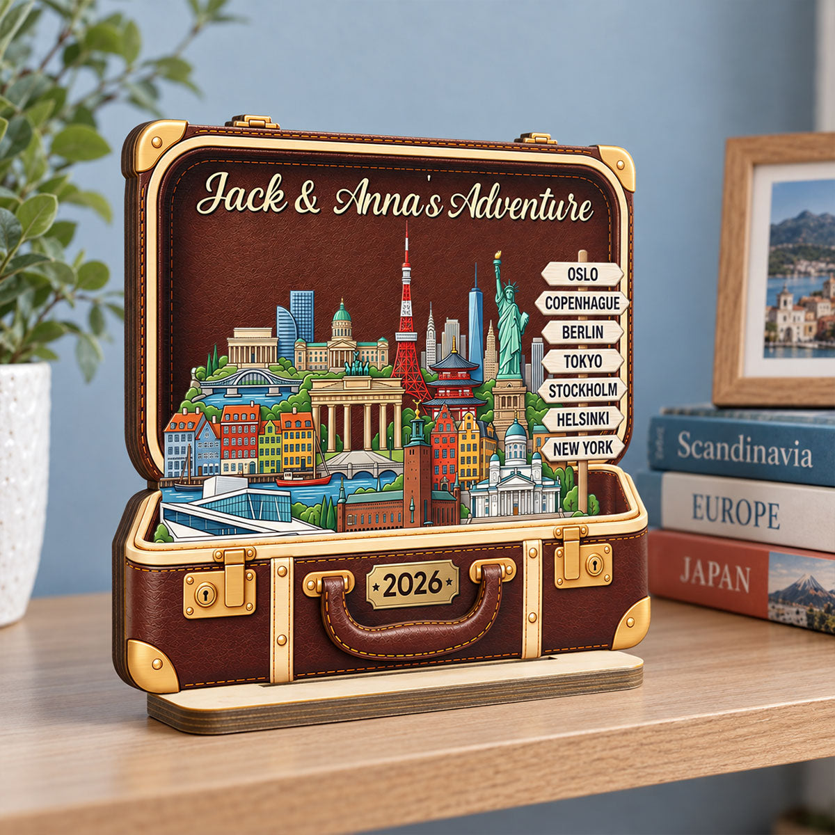 Custom Travel Adventure Suitcase 2D Flat Printed - Personalized 2-Layered Wooden Plaque - Traveling Destination Keepsake, Christmas Gift For Traveling Lovers