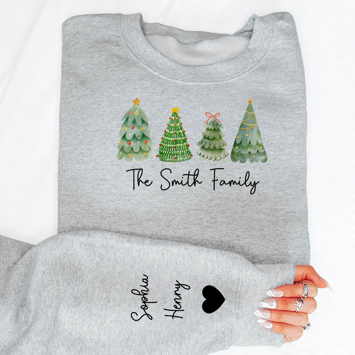 Family Christmas Tree Watercolor Personalized Sleeve Printed Sweatshirt