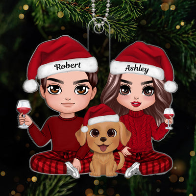 Doll Couple And Watercolor Cute Dogs You Me And The Dogs Christmas Gift Personalized Acrylic Ornament