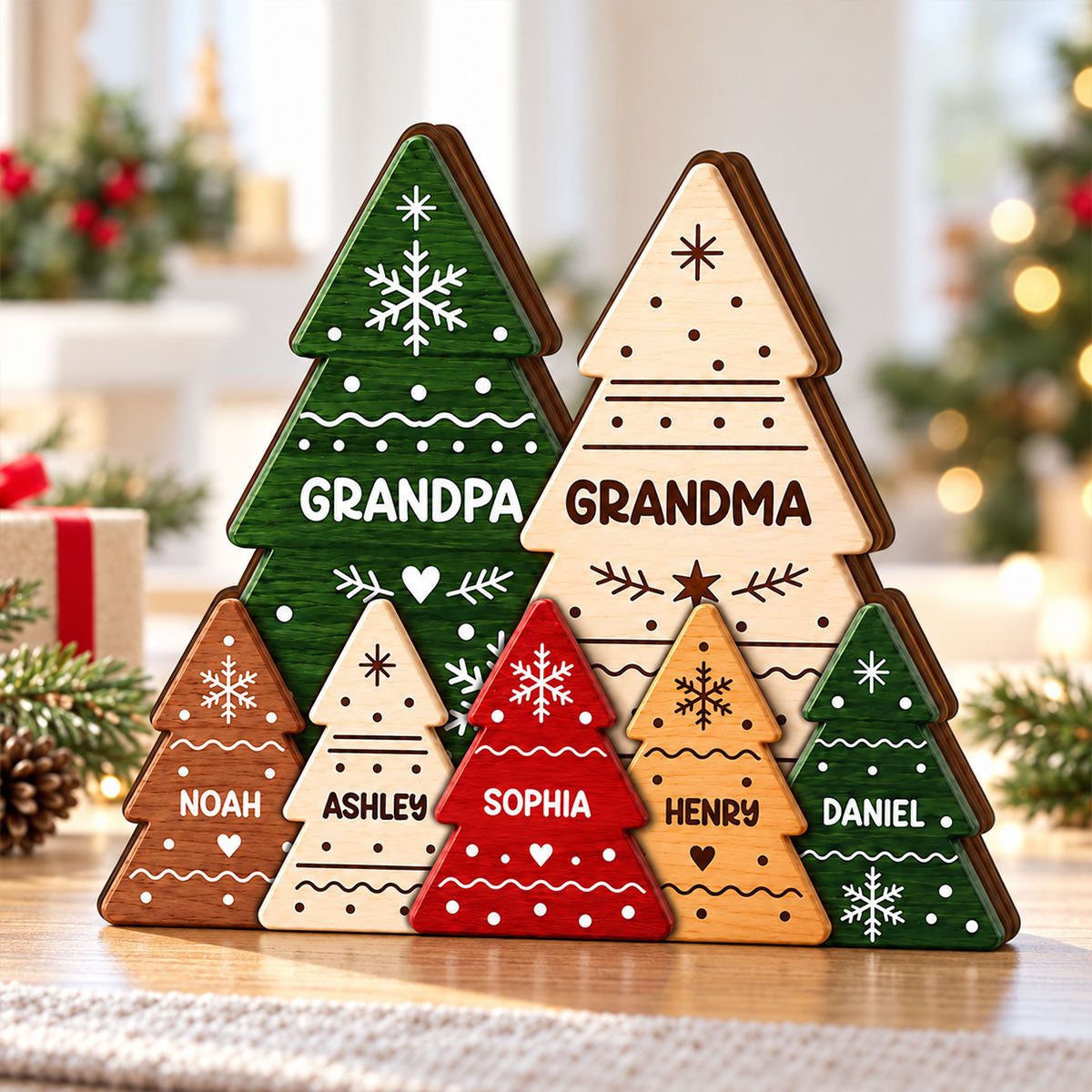 Rustic Christmas Tree - Personalized Wooden Block Plaque - Christmas Decor For Grandparents