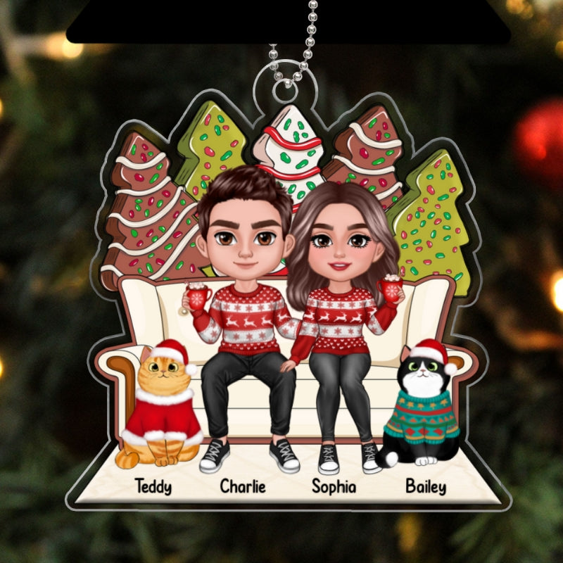 Christmas Gingerbread Tree Cake Patterned Couple & Cats On Sofa Personalized Acrylic Ornament