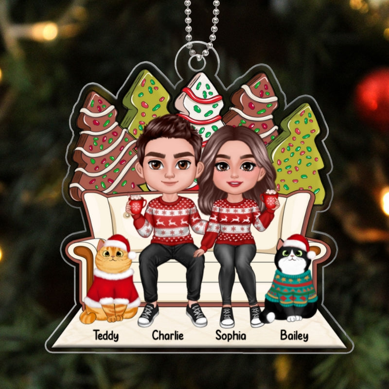 Christmas Gingerbread Tree Cake Patterned Couple & Cats On Sofa Personalized Acrylic Ornament