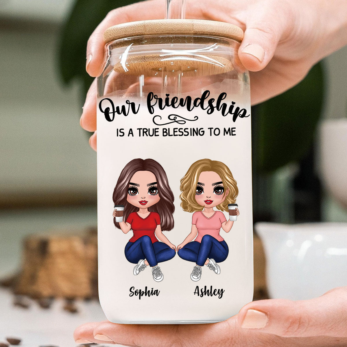 Our Friendship Is True Blessing Gift For Best Friends Besties Personalized Clear Glass Can