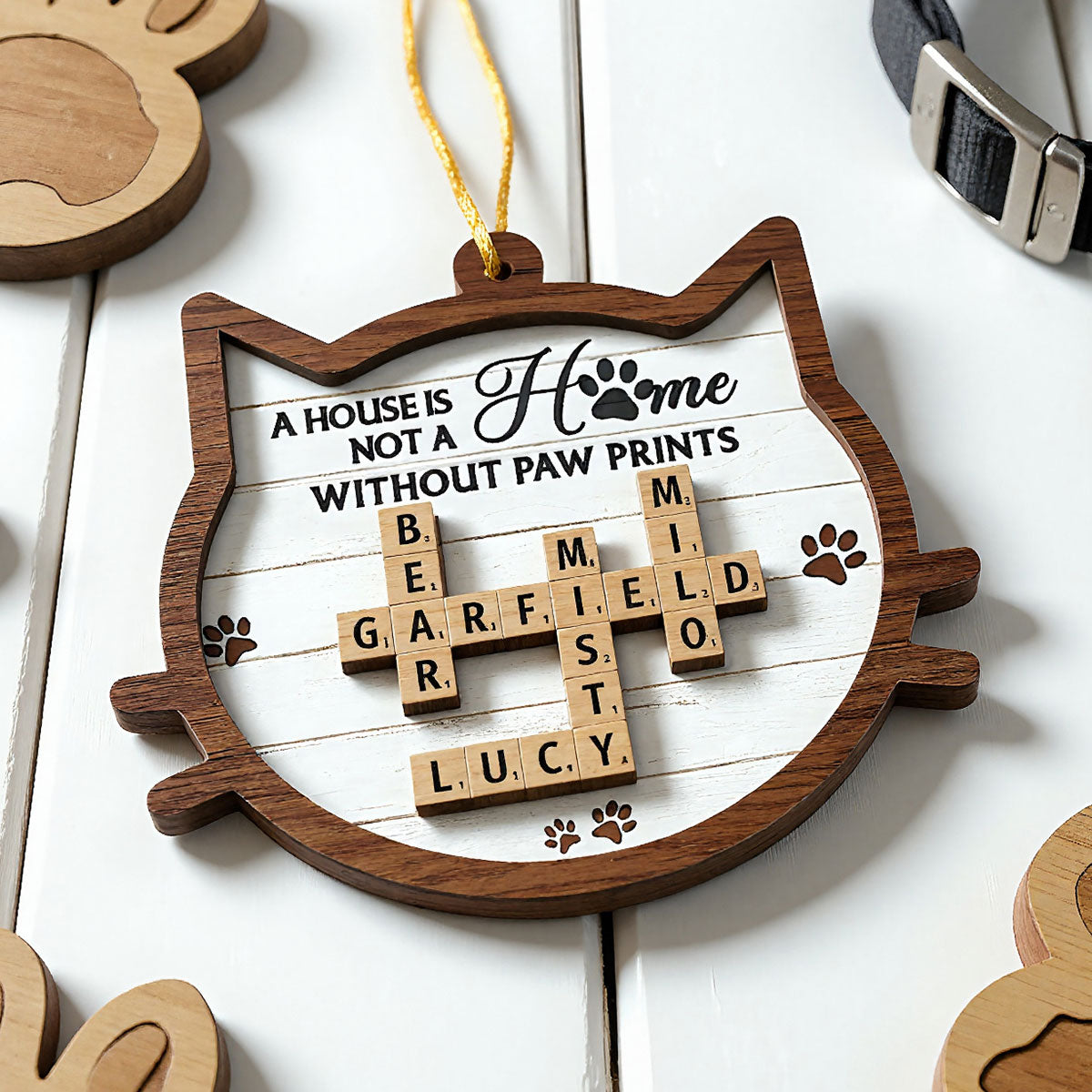 Cat Face Shape A House Is Not A Home Without Paw Prints Crossword Art Personalized 2-Layer Wooden Ornament