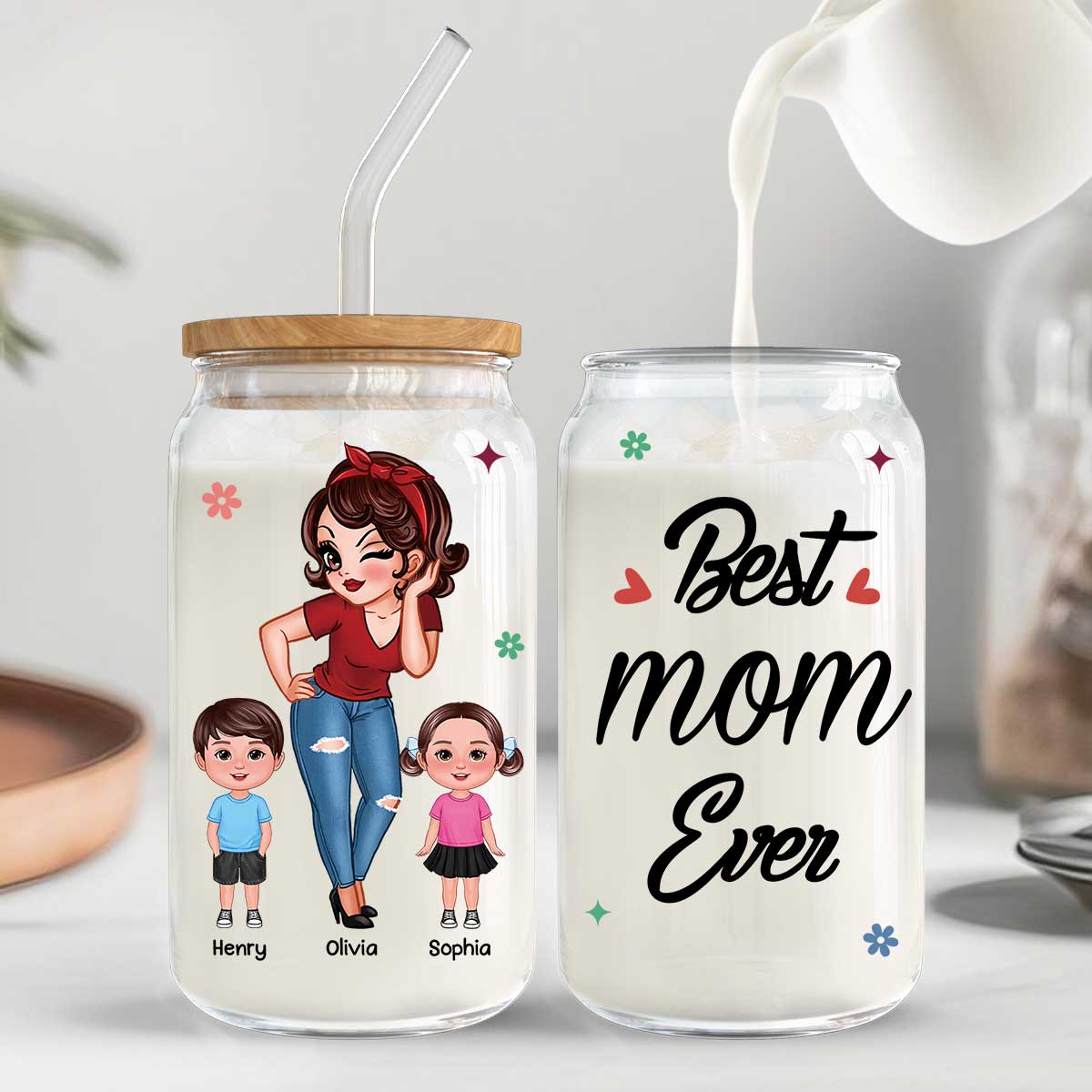 Best Mom Grandma Ever Pretty Woman & Kids Personalized Clear Glass Can