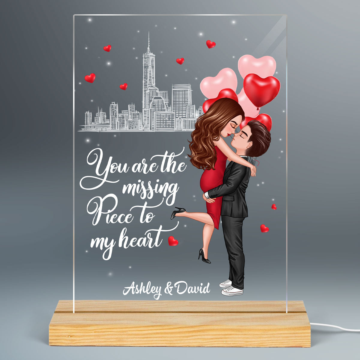 The Missing Piece To My Heart Personalized Plaque LED Night Light, Acrylic LED Lamp, Valentine‘s Day Gift For Him, For Her