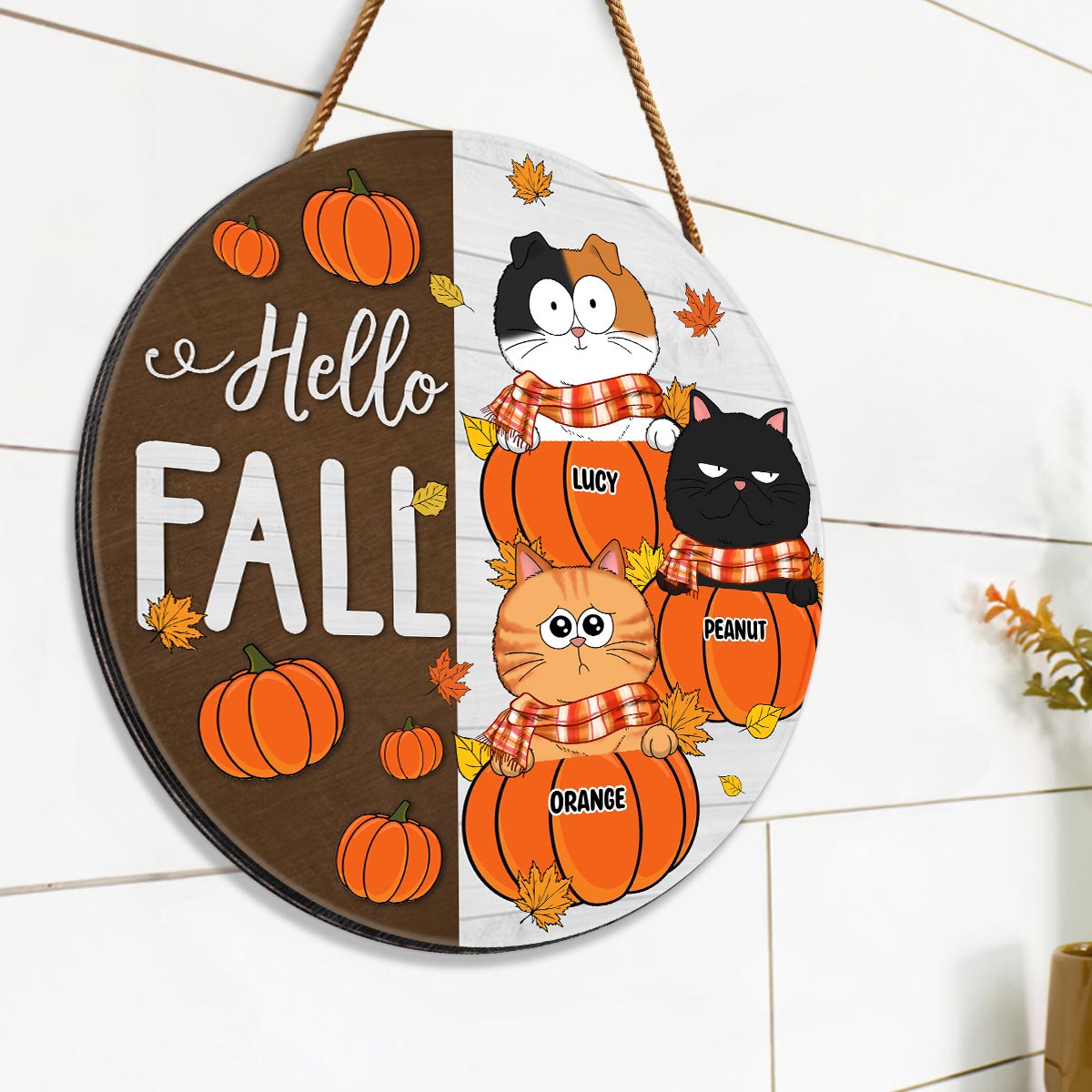 Funny Cats Hello Fall Personalized Wood Sign, Door Hanger, Outside Decor