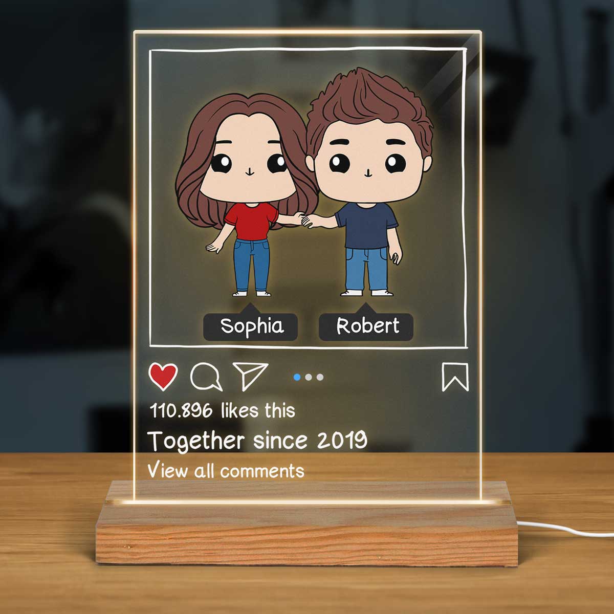 Cute Chibi Couple Personalized Rectangle Acrylic Plaque LED Night Light