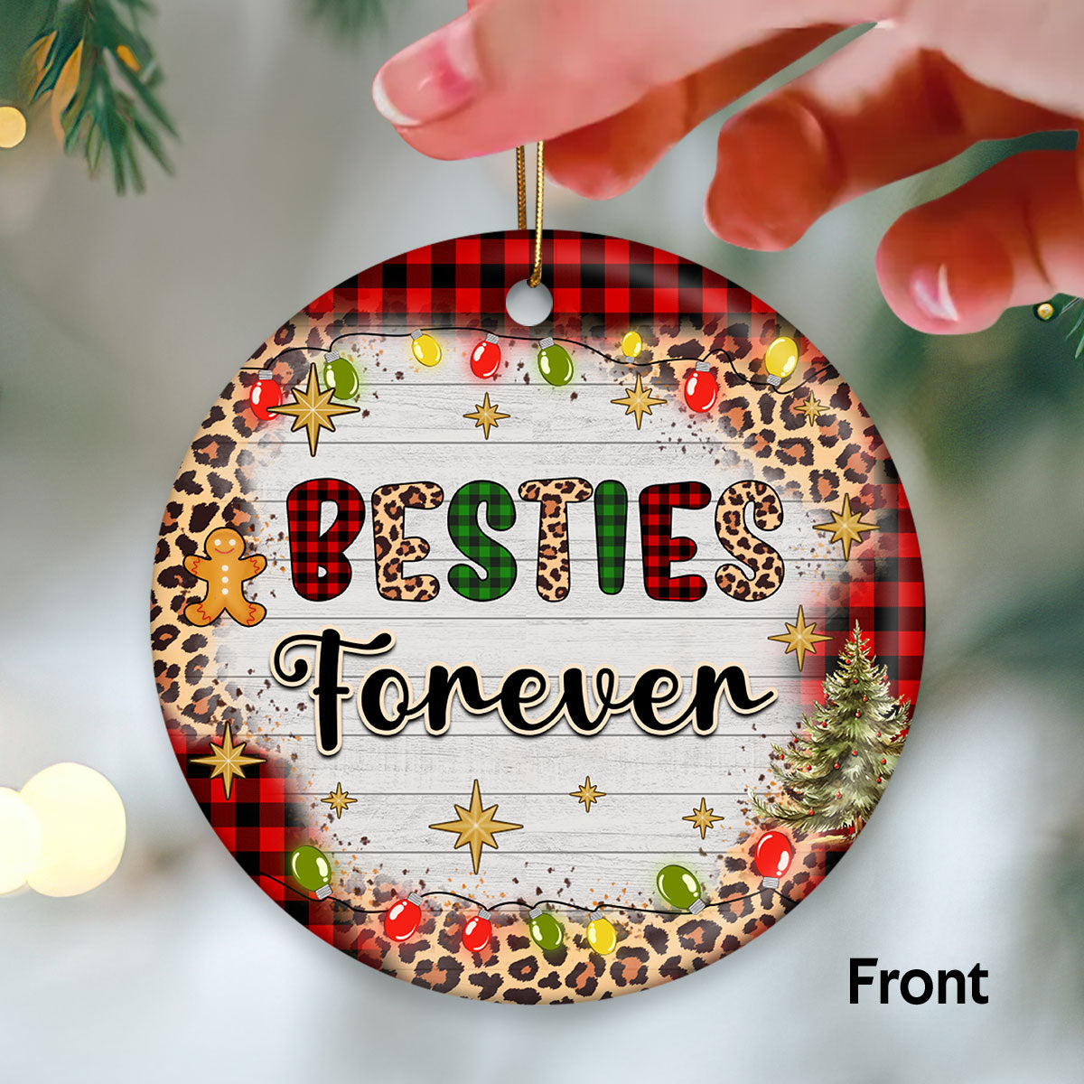 Checkered And Leopard Besties Sisters Sitting Personalized Double Sided Circle Ornament