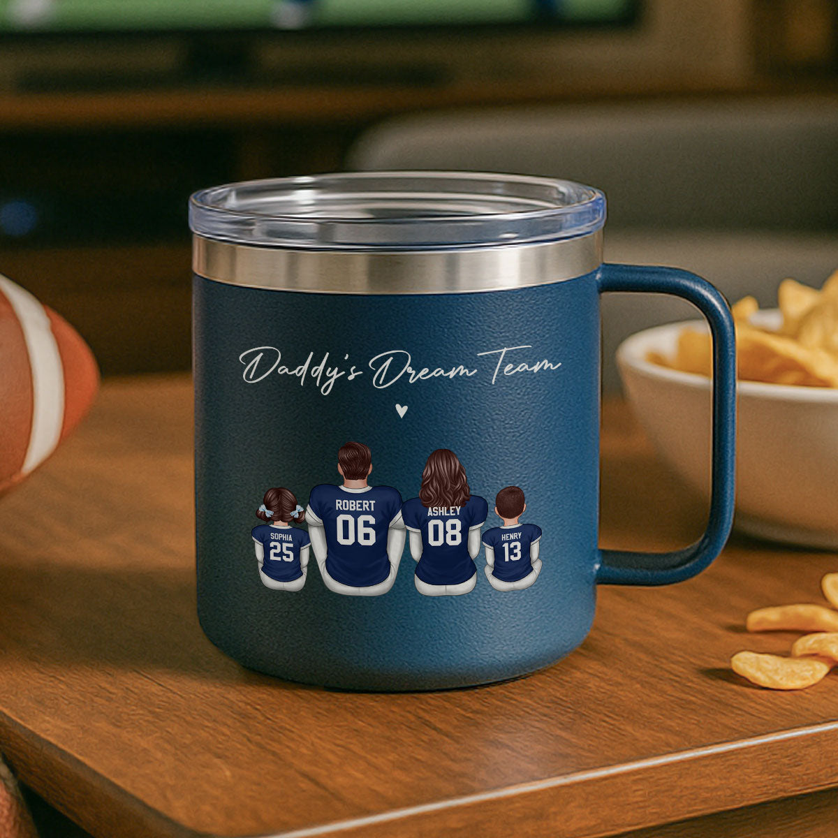 Football Daddy's Dream Team Personalized Stainless Steel Tumbler With Handle, Gift For Dad