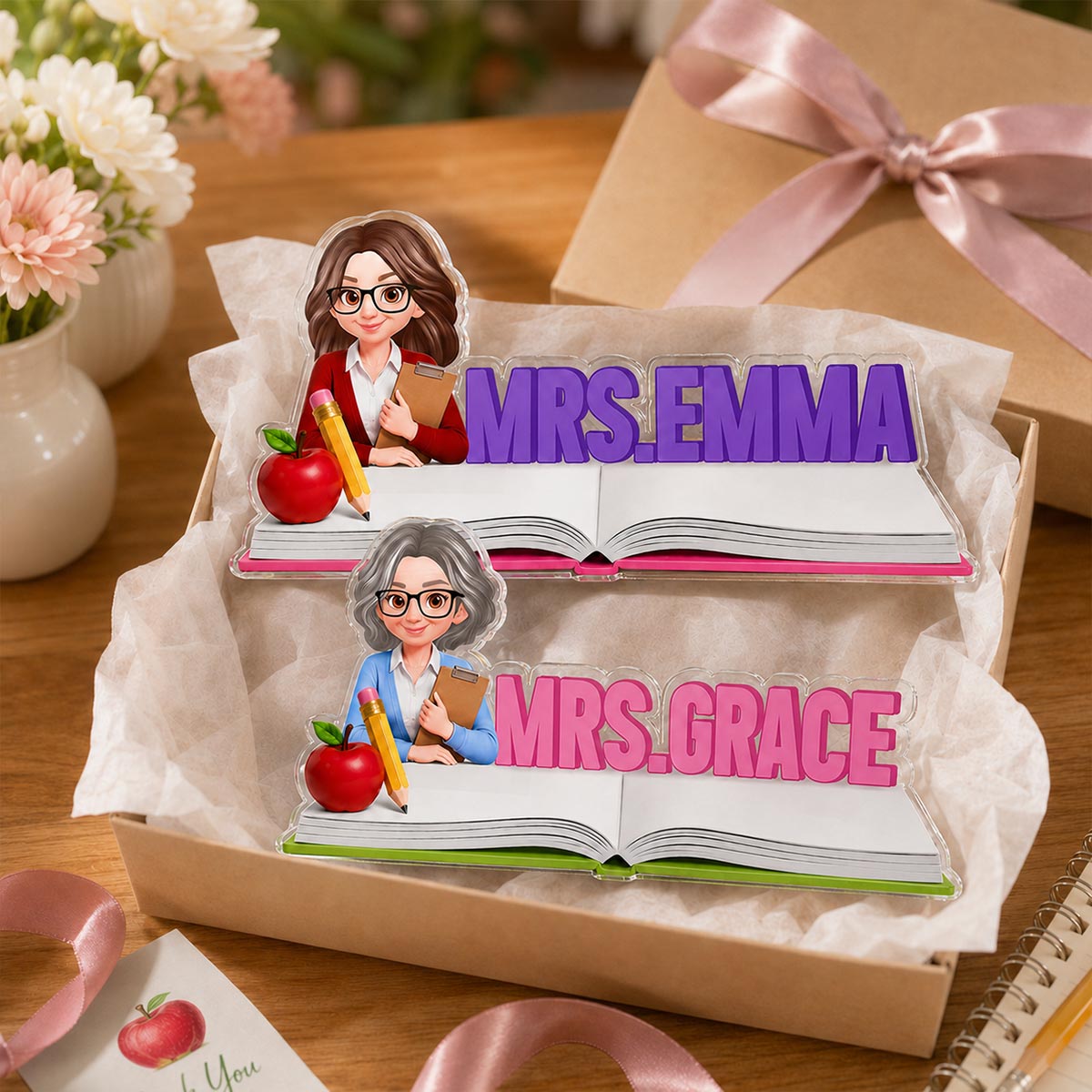 Open Book Teacher 2D Flat - Personalized Acrylic Block - Desk Name Back To School
