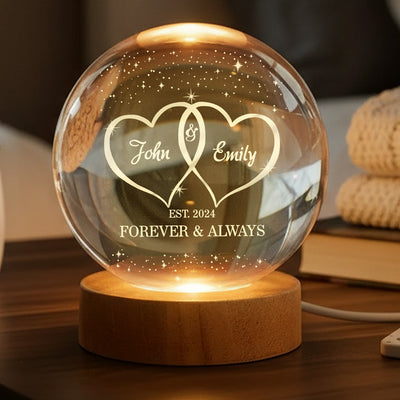 Eternal Love Galaxy Couple Hearts - Personalized Crystal Ball LED Night Light - Valentine's Day Gift For Couple, For Her, For Him