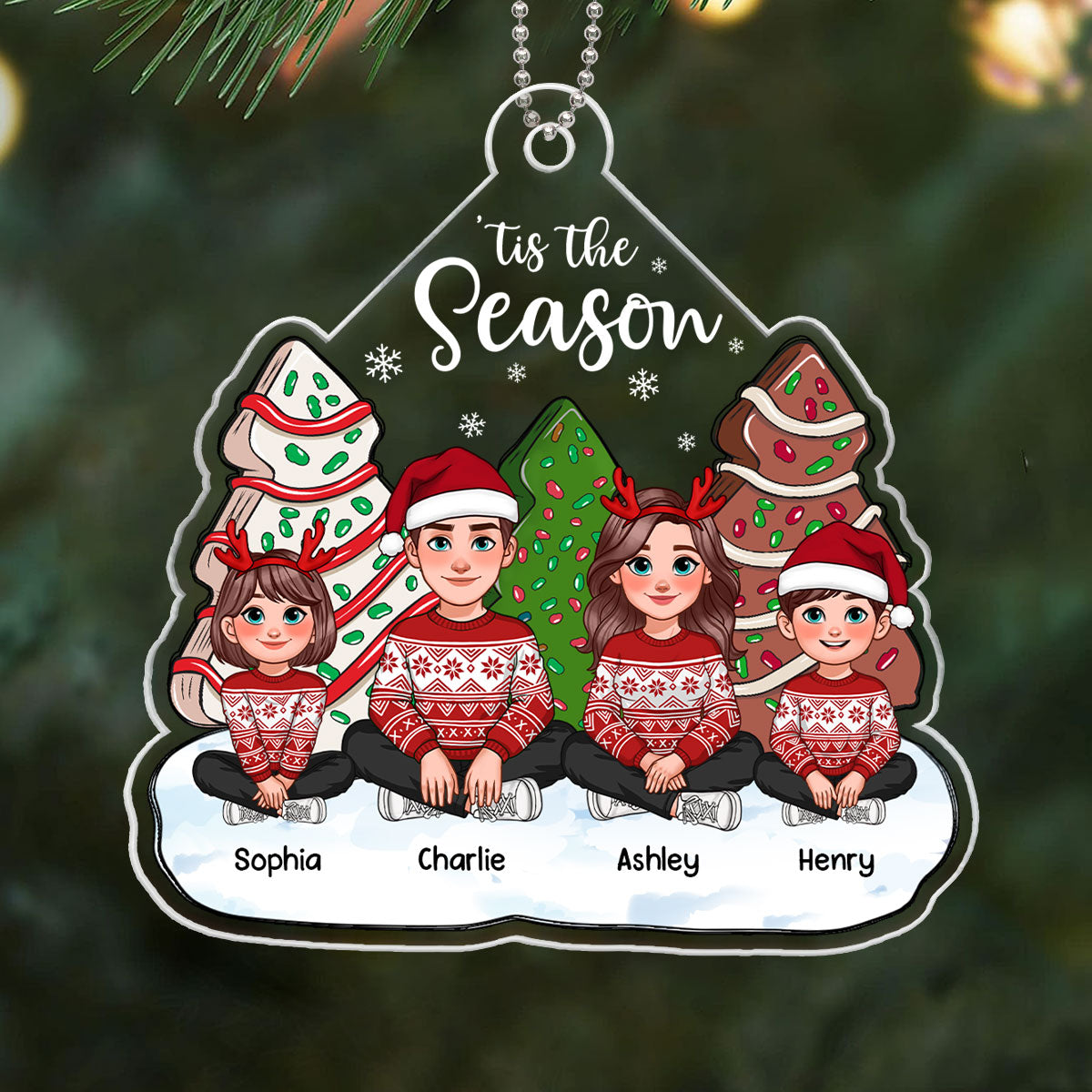 Tis The Season Animated Family Sitting By Christmas Tree Cake Personalized Acrylic Ornament