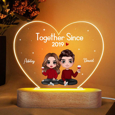 Doll Couple Sitting  Anniversary Gift For Him Gift For Her Personalized Heart Acrylic Plaque LED Lamp Night Light