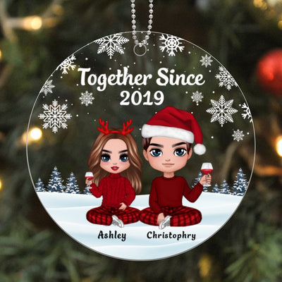 Doll Couple Sitting Snow Background Personalized Acrylic Ornament