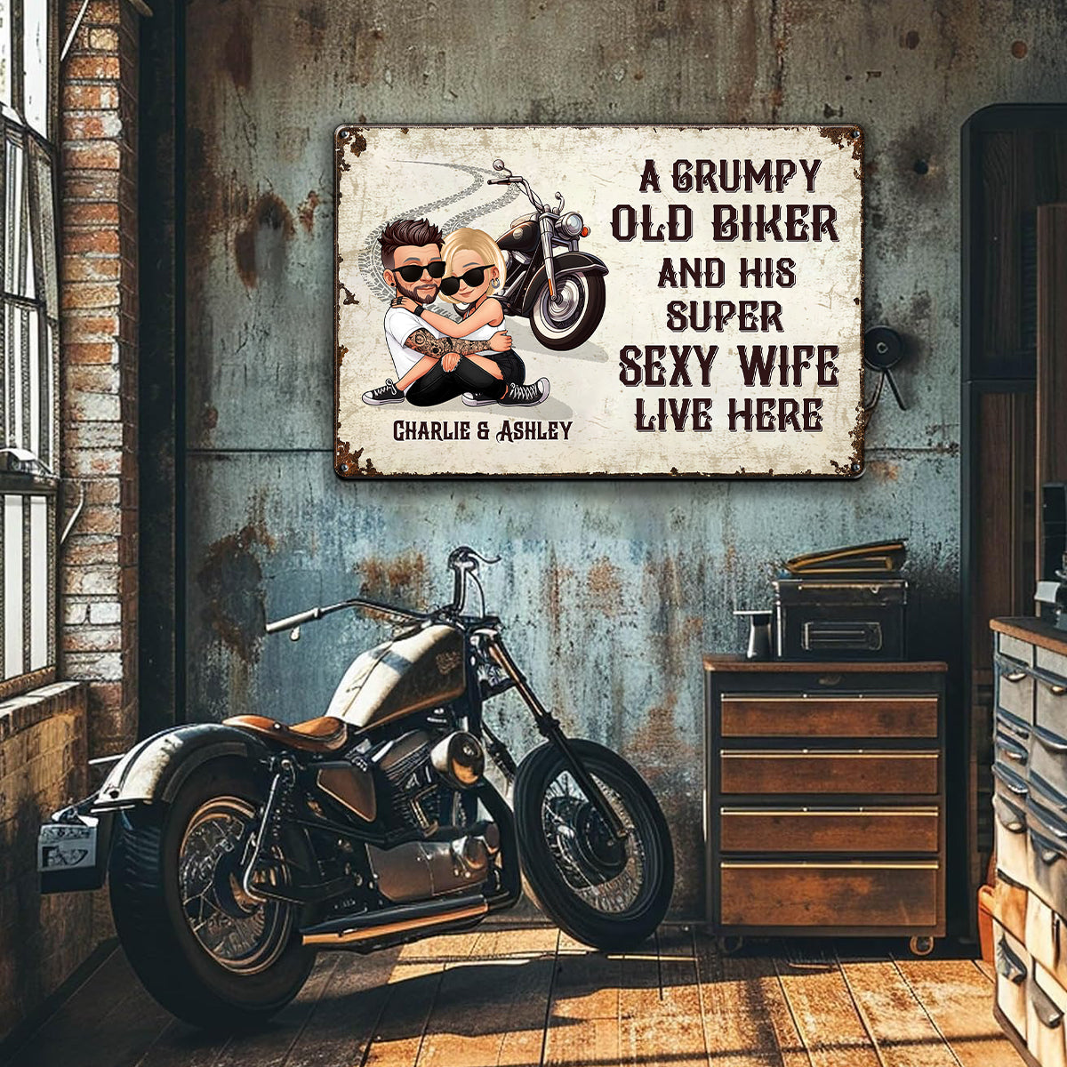 An Old Grumpy Biker and His Sexy Wife Live Here Personalized Metal Sign, Gift for Biker Couple