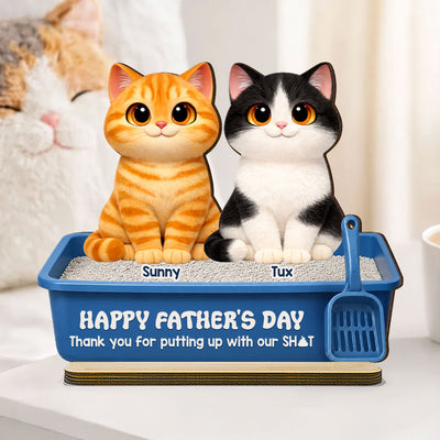 Cute Fluffy Cats Happy Father's Day Thanks For Feeding And Scooping Poo 2D Flat - Personalized 2-Layered Wooden Plaque - Funny Father's Day Gift For Cat Dad, Cat Lovers