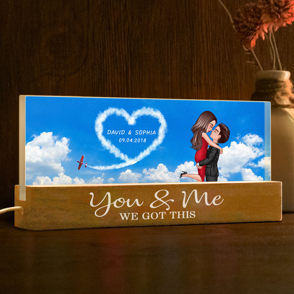 Love In The Sky, Couple Hearts Personalized Acrylic Block LED Night Light, Valentines Gift, Anniversary Gift