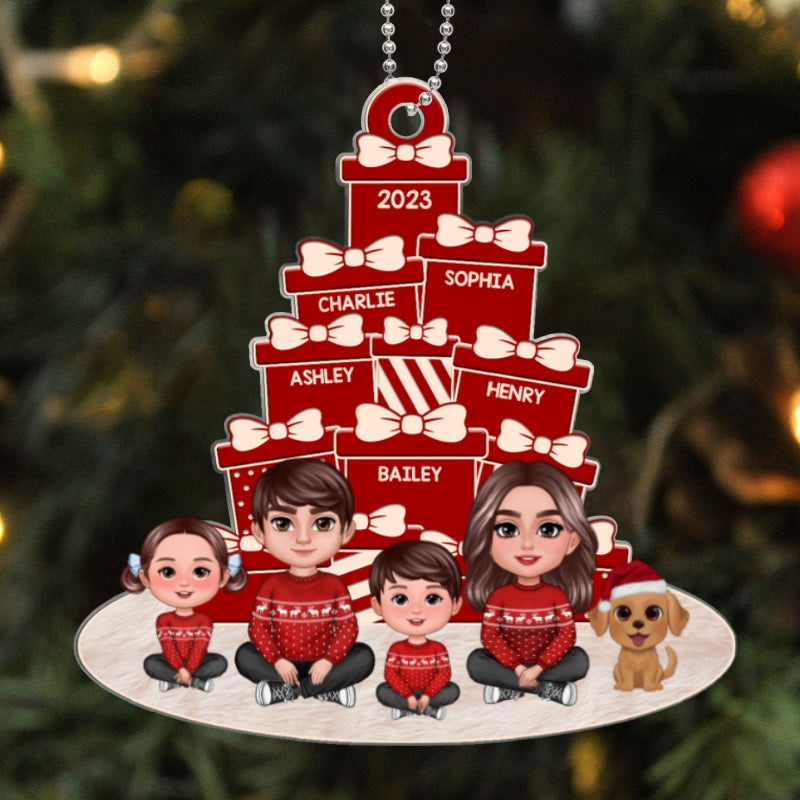 Family Dad Mom Kids Dogs Cats Crossed Legs Sitting Christmas Gift Boxes Pile Personalized Acrylic Ornament