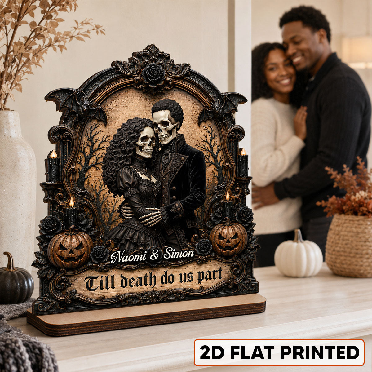 Halloween Custom Photo Skeleton Couple - Personalized 2-Layered Wooden Plaque - Halloween Gift For Couple