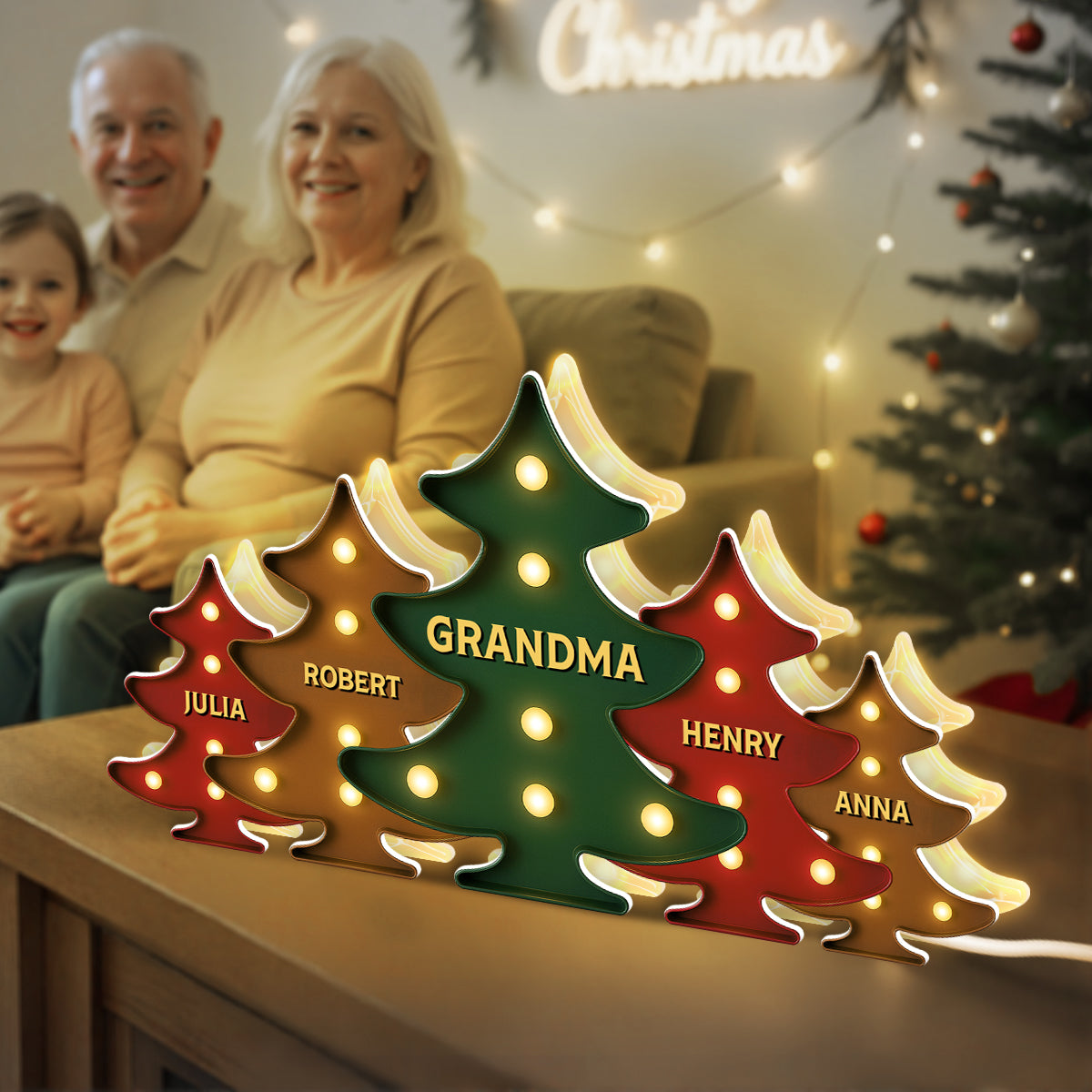3D Effect Retro Vintage Christmas Tree Grandma Grandkids - Personalized Light Box - Gift For Grandmas
