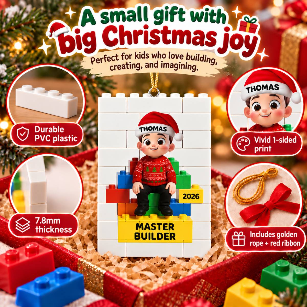 Little Kid Master Builder - Personalized Building Blocks Ornament - Christmas Gift For Kids, Son, Grandson, Daughter, Granddaughter