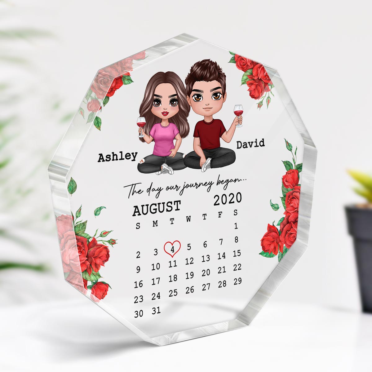 Rose Pattern Calendar Anniversary Date Doll Couple Sitting Gift For Him For Her Personalized Nonagon Acrylic Plaque