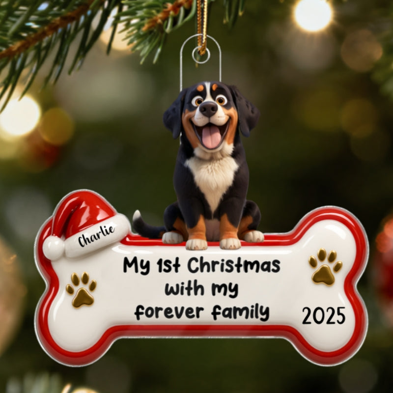 1st Christmas With Forever Family Cartoon Dog 3D Effect - Personalized Acrylic Ornament