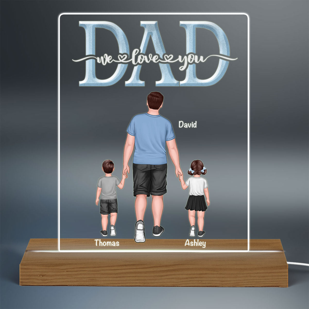 DAD We Love You Back View Dad And Sons Daughters Walking Personalized Custom Shape Acrylic Plaque Warm LED Night Light