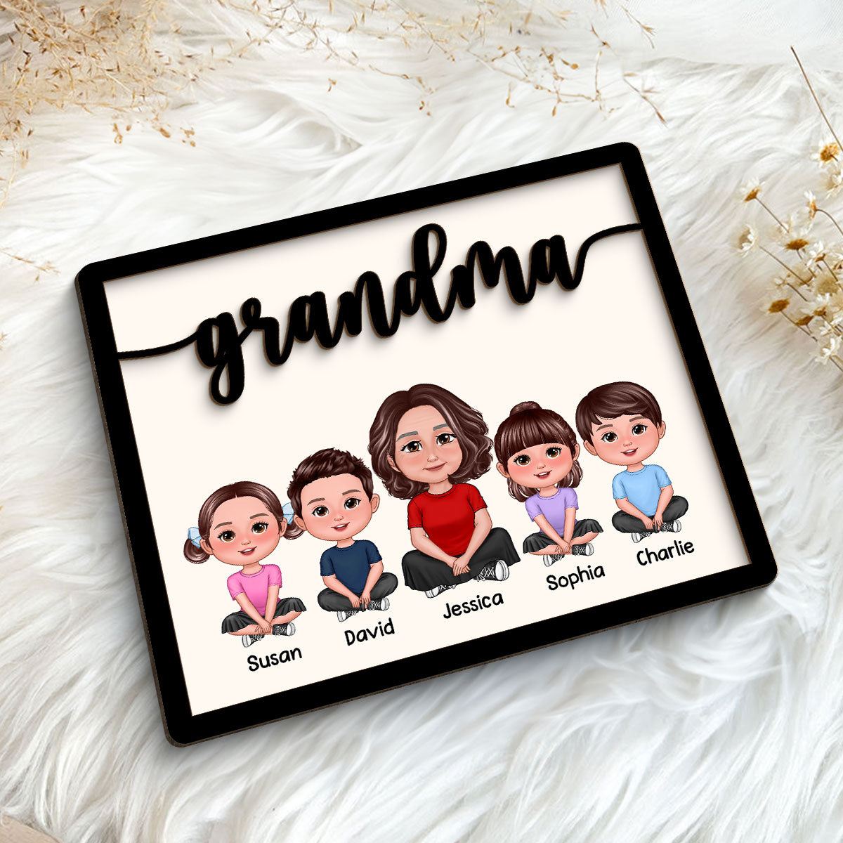 Grandma Grandkids Sitting Crossed Legs Personalized 2-layer Wooden Plaque