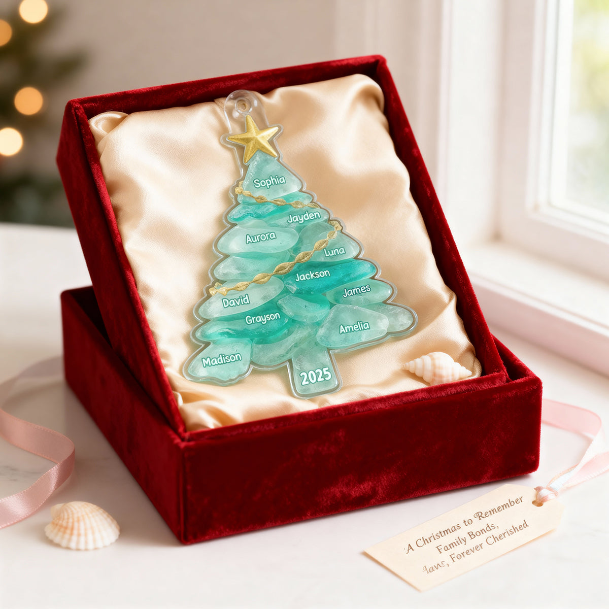 3D Sea Glass Effect Christmas Tree Family Member Name - Personalized Acrylic Ornament - Coastal Vibe Christmas Gift
