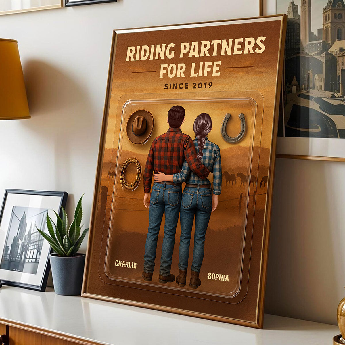 3D Effect Custom Figure Couple Horse Riding Partners For Life Personalized Poster