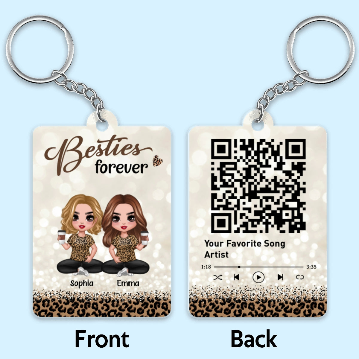 Leopard Pattern Doll Besties Sisters Sitting Favorite Song Scannable QR Code Personalized Acrylic Keychain
