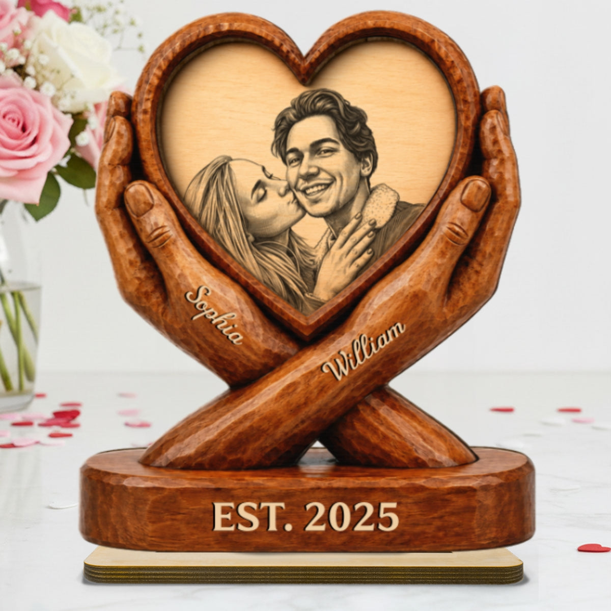 Custom Couple Photo Sketch Style Forever Love - Personalized 2-Layered Wooden Plaque - Anniversary Gift For Couple, For Him, For Her