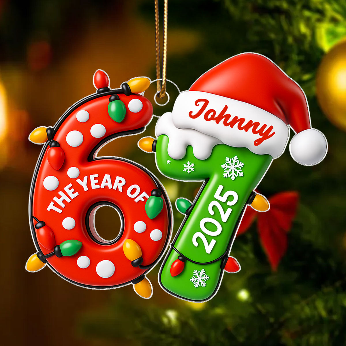Lights and Santa Hat Six Seven - Personalized Acrylic Ornament - Fun Christmas Decoration, Christmas Gift For Teen, Grandkid, Gen Alpha