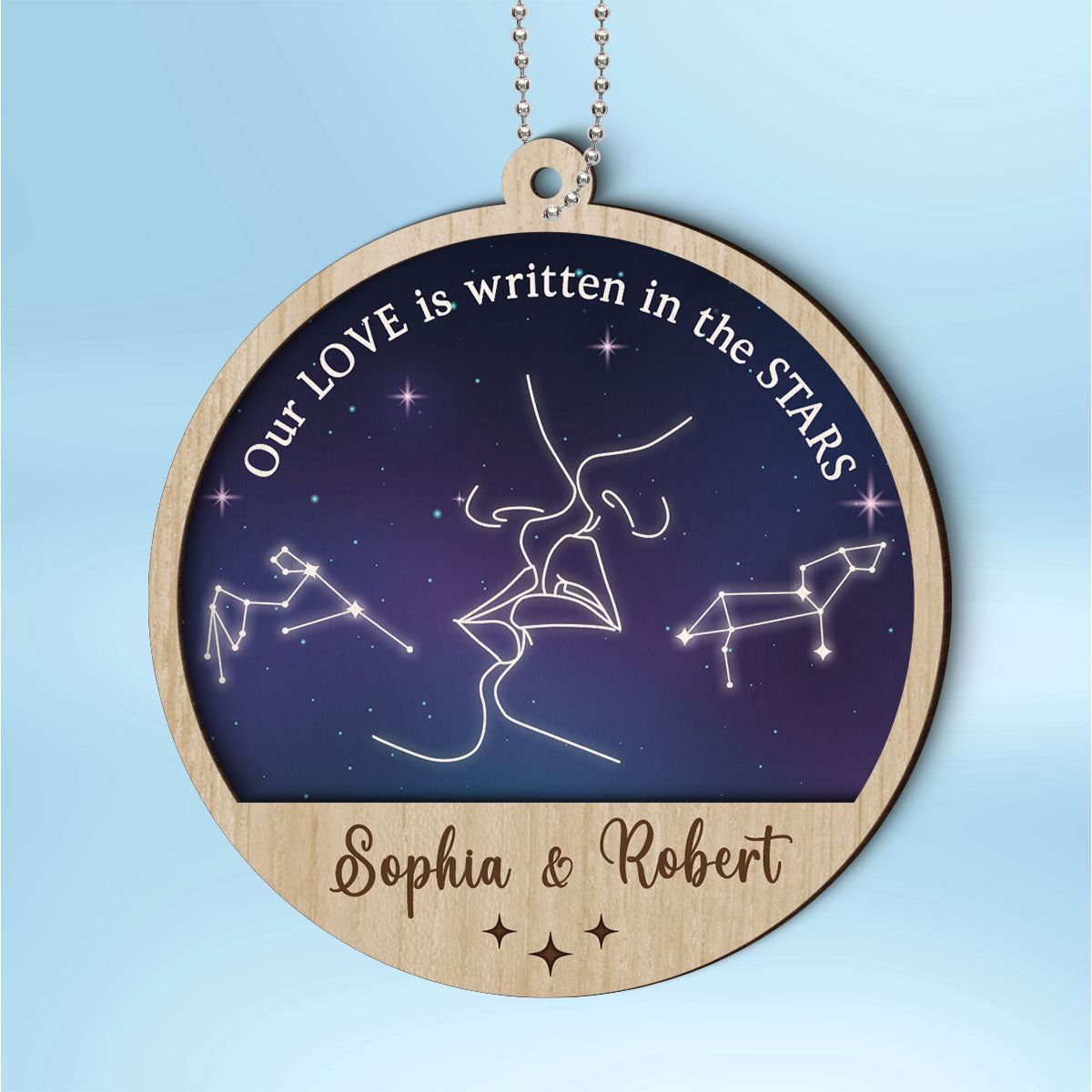 Couple Kissing Outline Zodiac Galaxy Sky Personalized 2-Layer Wooden Ornament
