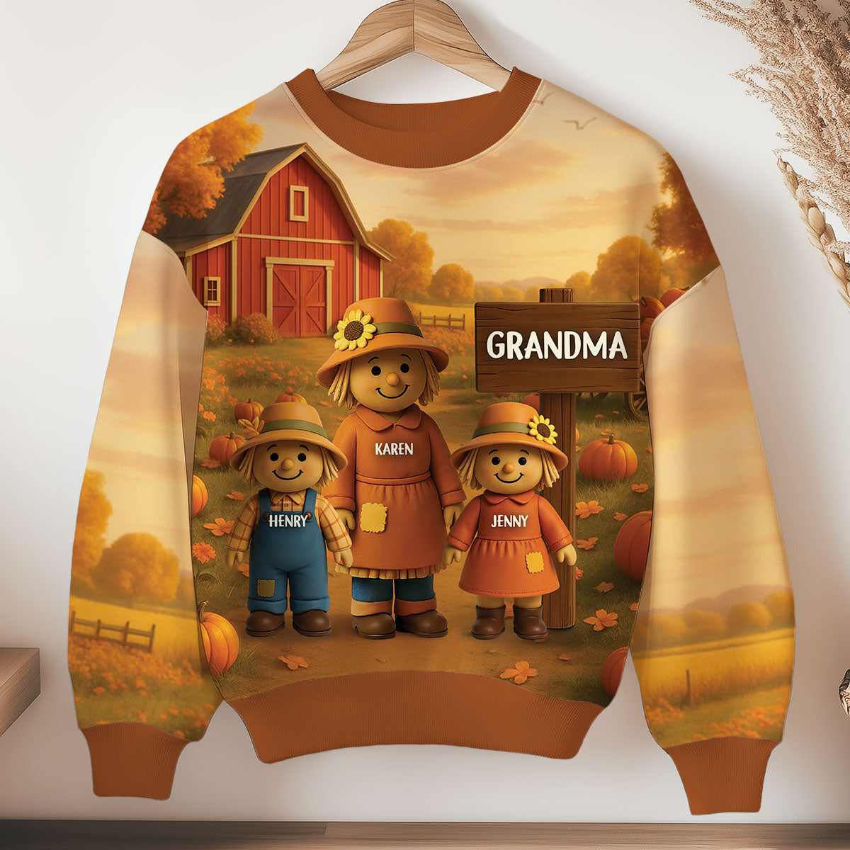 Grandma Grandkids Scarecrow Personalized 3D Effect Sweatshirt, Fall Season Gift for Grandma