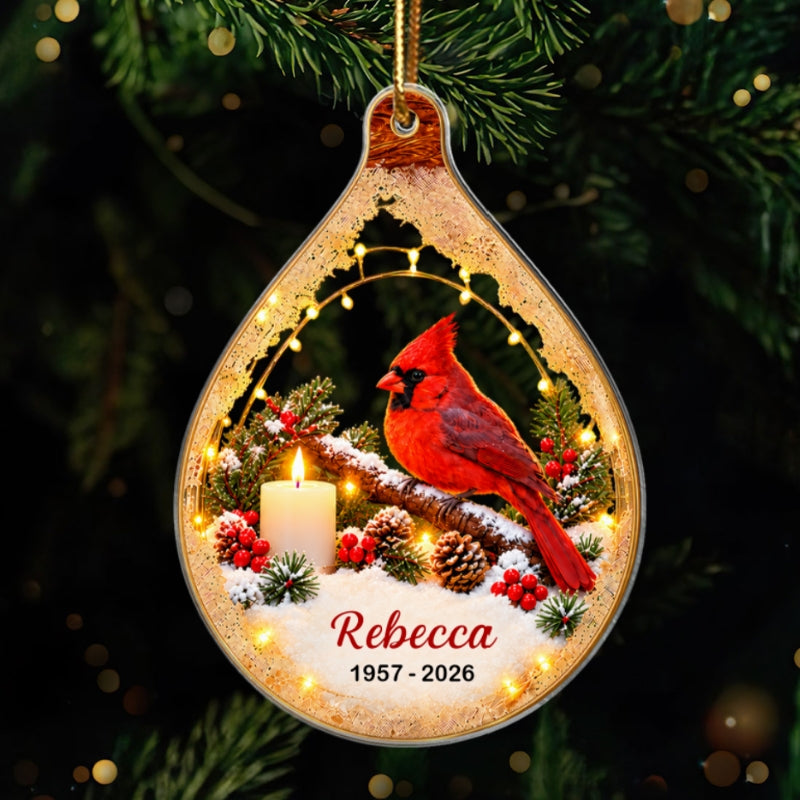 Cardinal Memorial Lighted - Personalized Acrylic Ornament - In Loving Memory Christmas Keepsake, Sympathy Gift for Loss of Loved One