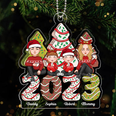 Cute Family Sitting Christmas Tree Cake Patterned Personalized Acrylic Ornament
