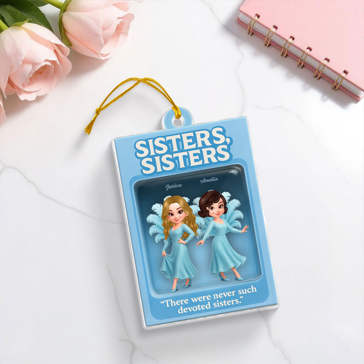 3D Effect Blue Dress Sisters Besties Inside Toy Box Personalized Acrylic Ornament