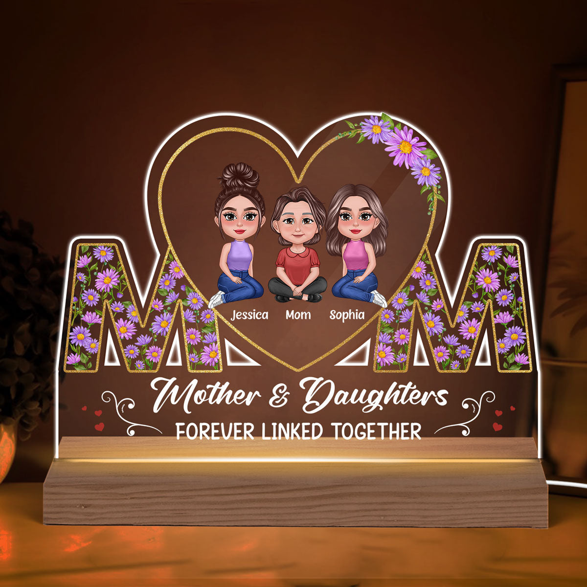 Mom Flowers Pretty Doll Mother Daughters Personalized Acrylic Custom Shape LED Night Light