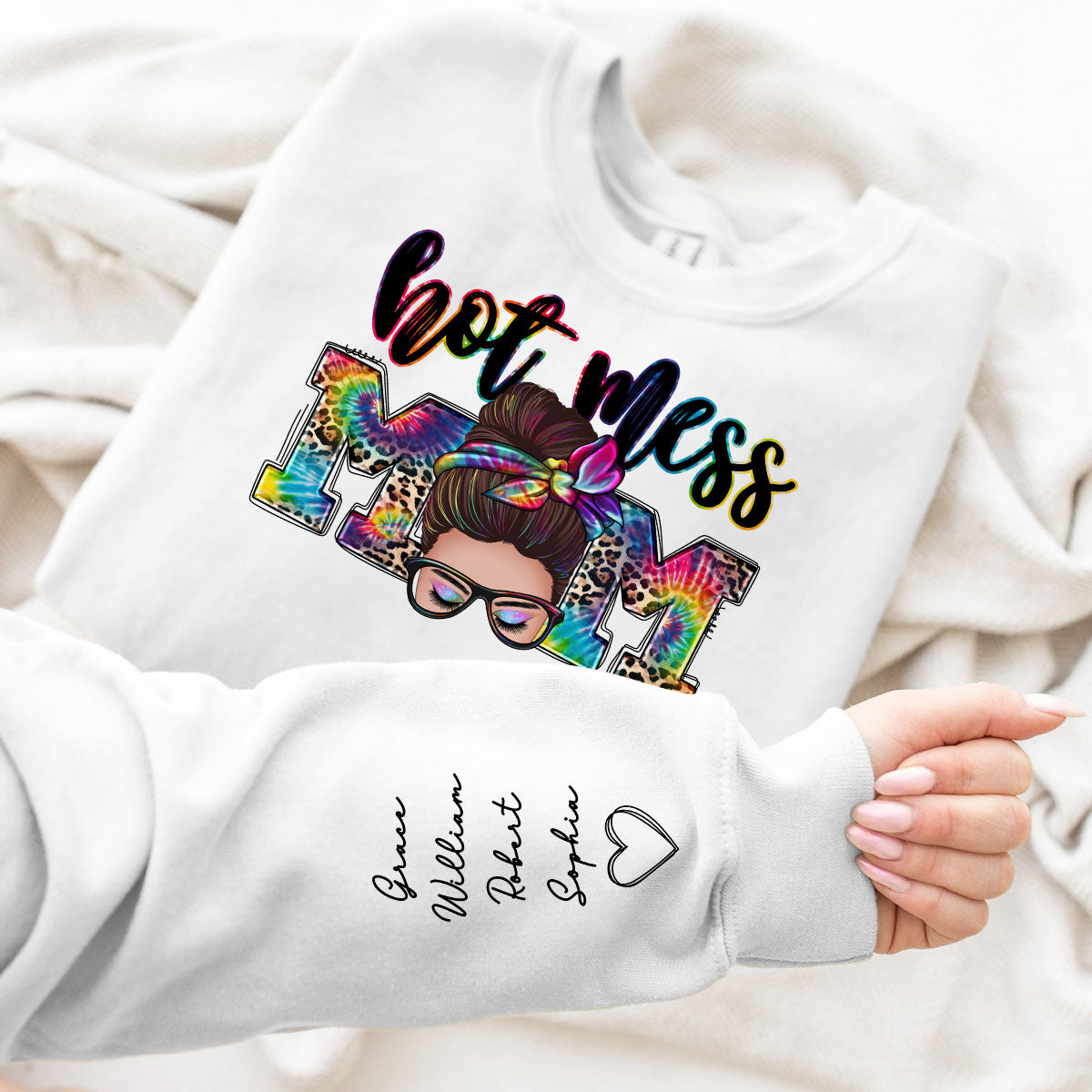 Hot Mess Mom Messy Bun, Western Mom, Personalized Sleeve Printed Sweatshirt