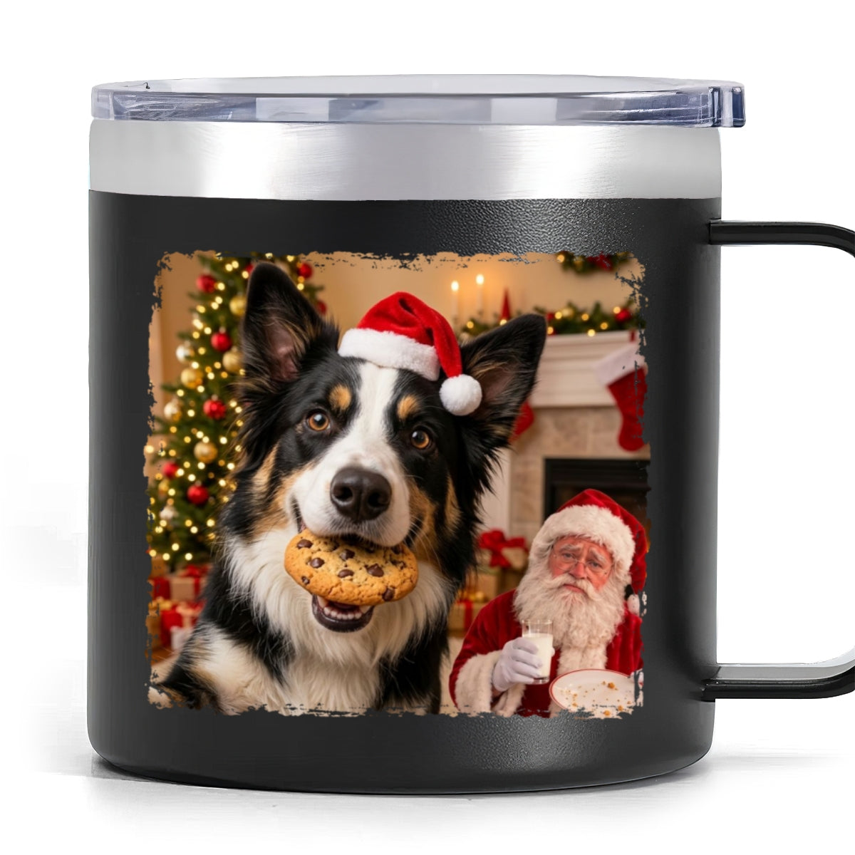 Dog Cat Steal Cookie From Santa Upload Pet Photo - Personalized Stainless Steel Tumbler With Handle - Funny Christmas Gift For Dog Lovers, Cat Lovers, Pet Lovers