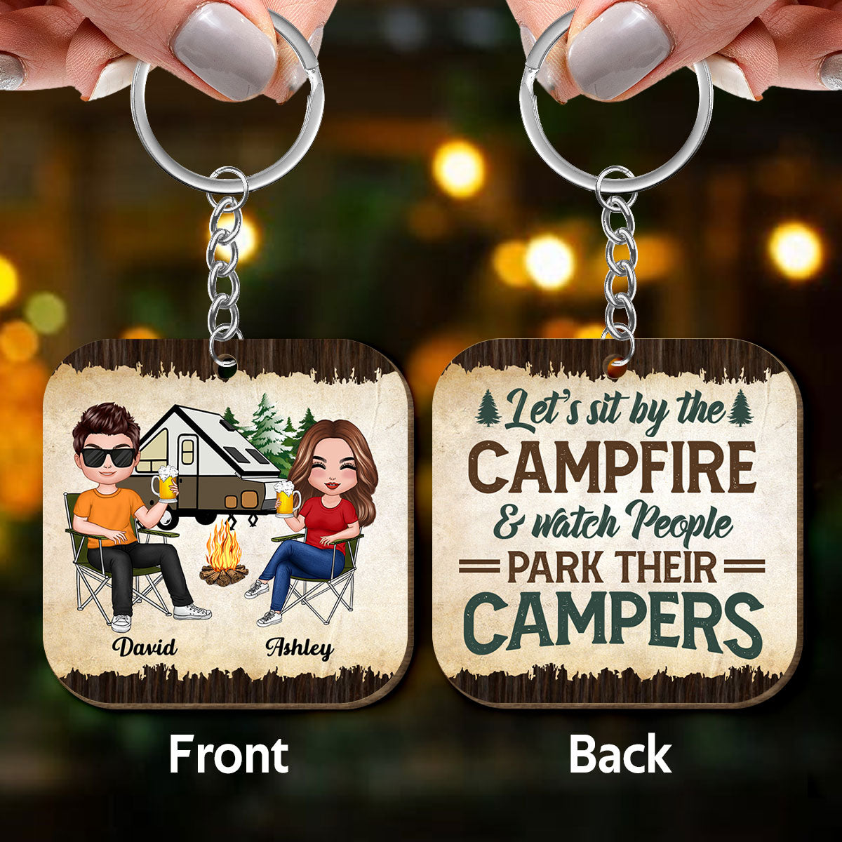 Doll Couple Camping Vintage Personalized Wooden Keychain