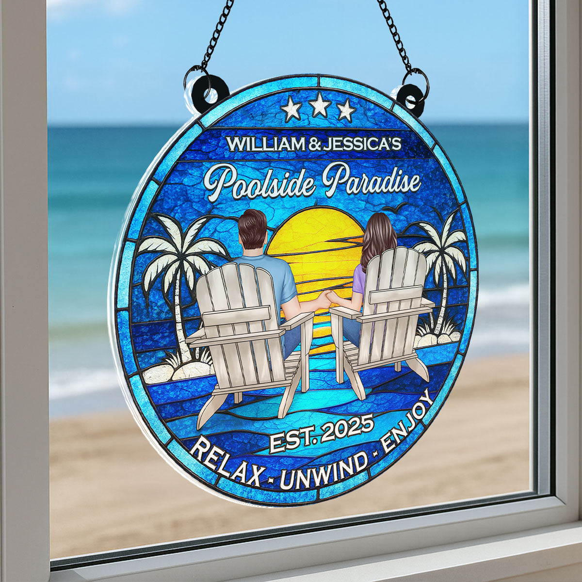 Poolside Paradise Couple Sitting Personalized Suncatcher, Summer Decor