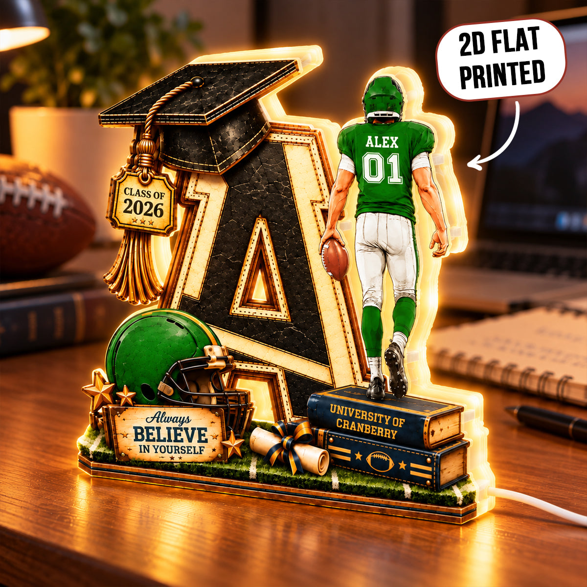 Football Graduation Custom Initial - Personalized Light Box - Class of 2026 Senior Gift, Christmas Gift for Son, Grandson, for Him