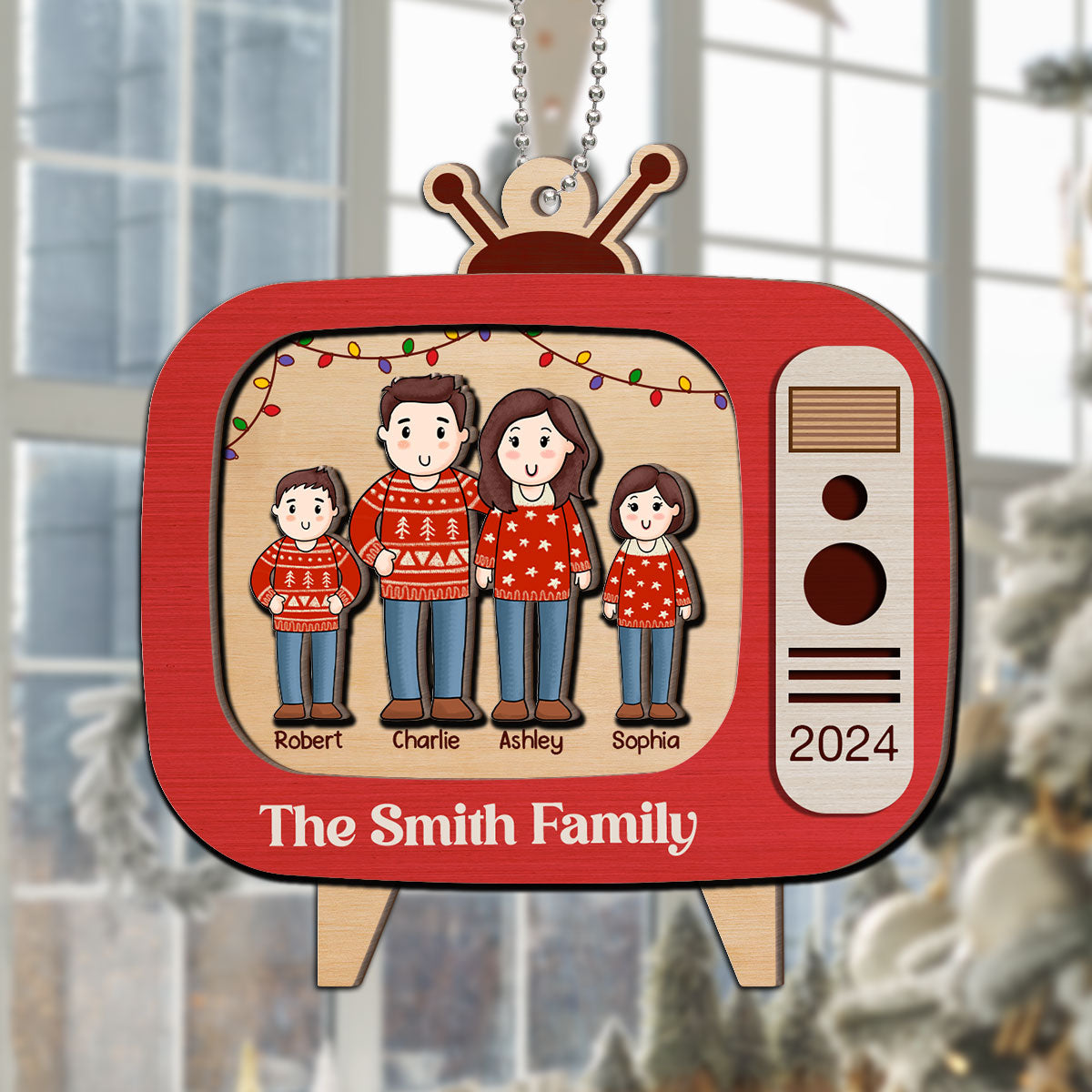 Comic Family In Christmas Red Retro Televison Personalized 2-Layer Wooden Ornament