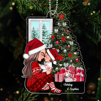 Grandma Mom Holding Kid Side View Next To Christmas Tree Personalized Acrylic Ornament