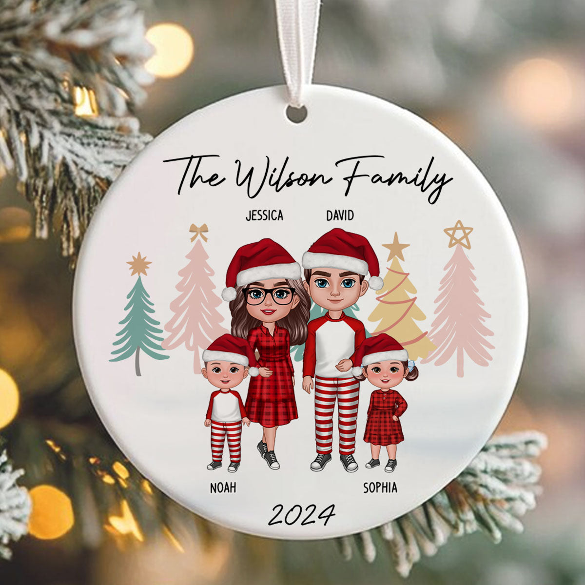 Family Standing Personalized Ceramic Circle Ornament, Christmas Gift for Husband, Daughter, Son